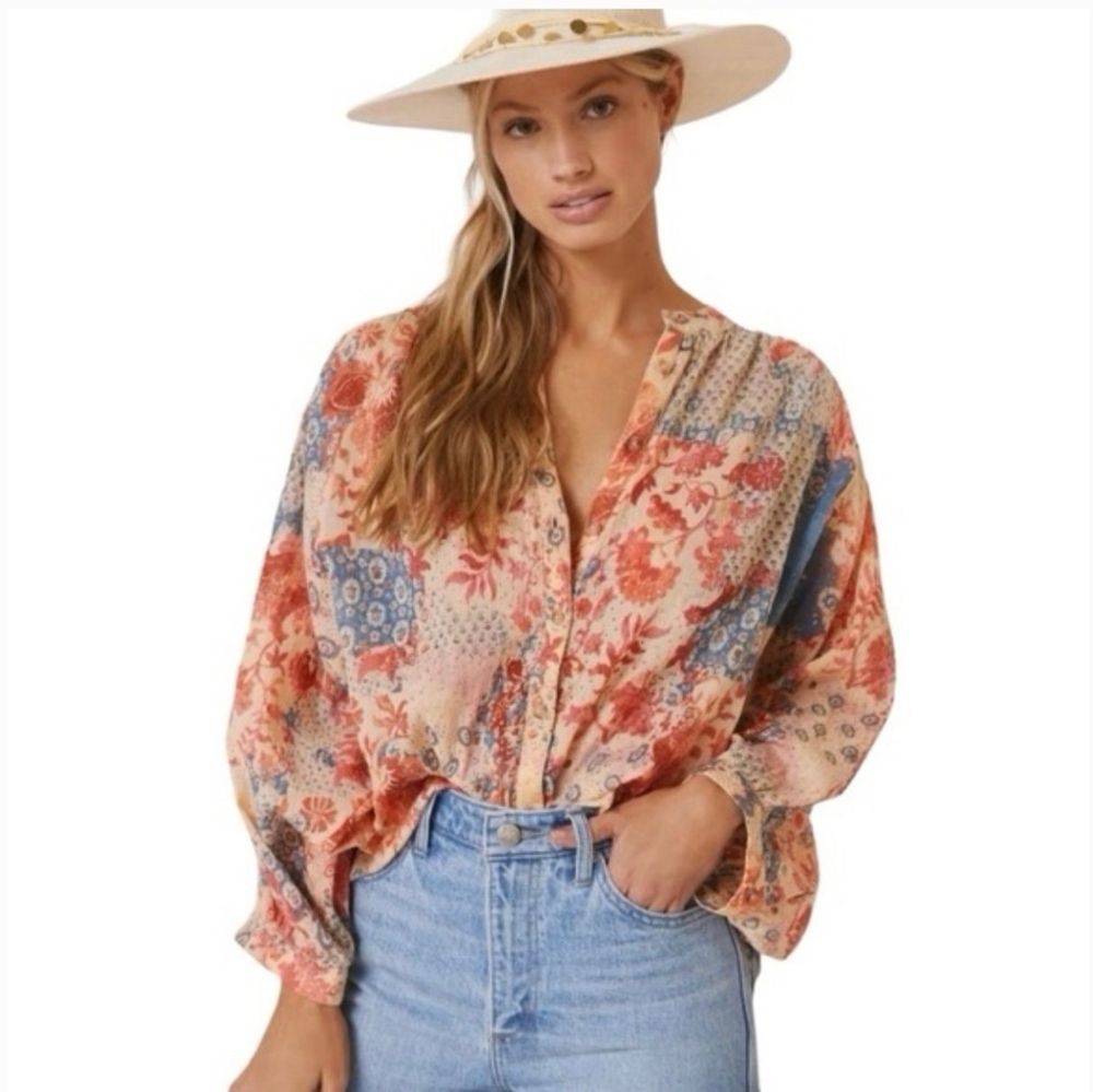SOLD DO NOT BUY Batwing Floral Button Up Top Womens XL Boho Patch Festive - Picture 1 of 14